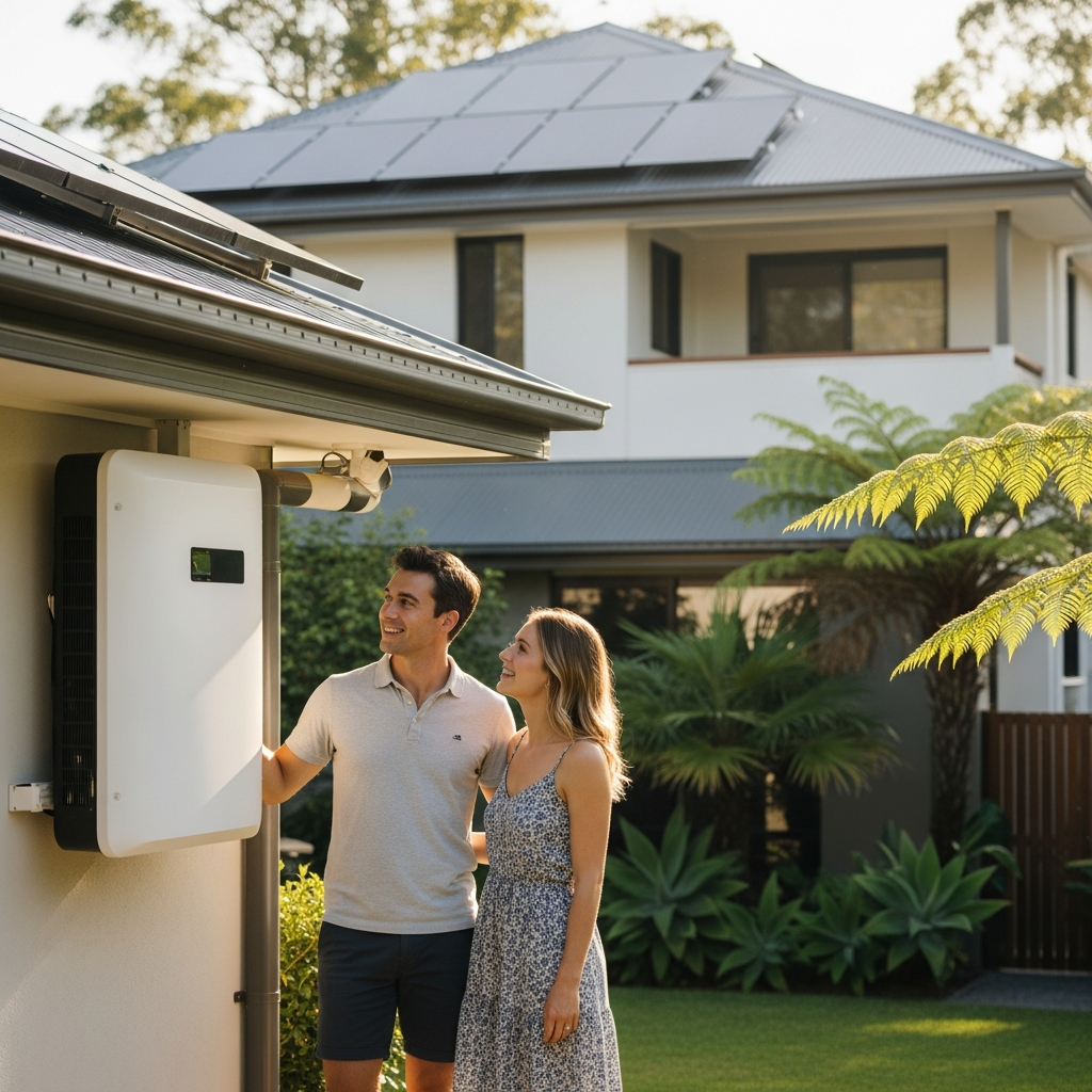 Blackout Proofing Brisbane Home Solar Batteries - A sunny backyard scene featuring a modern Brisbane home. Solar panels are visible on the roof. A young couple stands next to a sleek, white solar battery unit mounted on the exterior wall. They are looking at the battery with optimistic expressions, suggesting a sense of financial control and energy independence. The feeling is bright, clean, and positive.