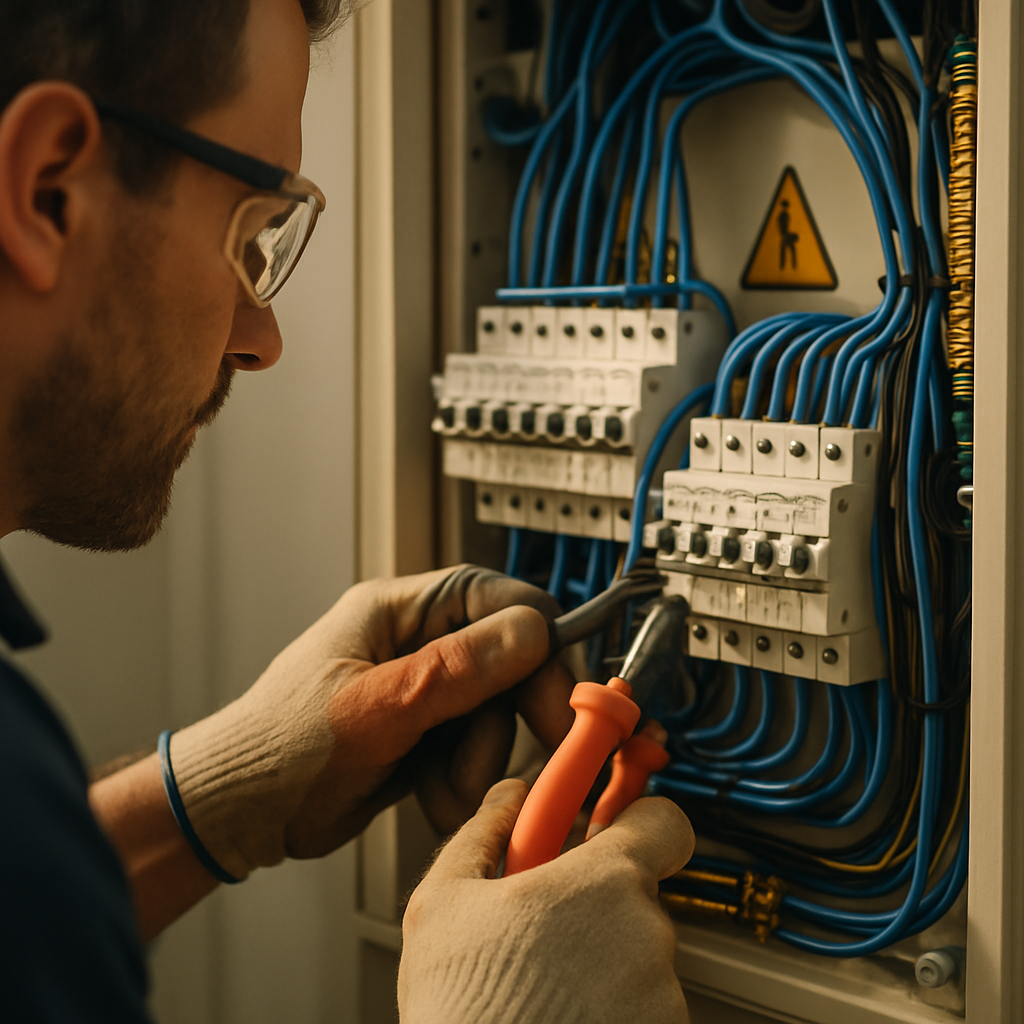 Switchboard Upgrade Brisbane Solar Battery - A close-up shot of an electrician's hands working inside a modern switchboard. The electrician is wearing safety glasses and using insulated tools. The focus is on the neat and organized wiring, emphasizing the precision and safety of the work. A sticker or label with a stylized (unreadable) safety warning symbol is visible.