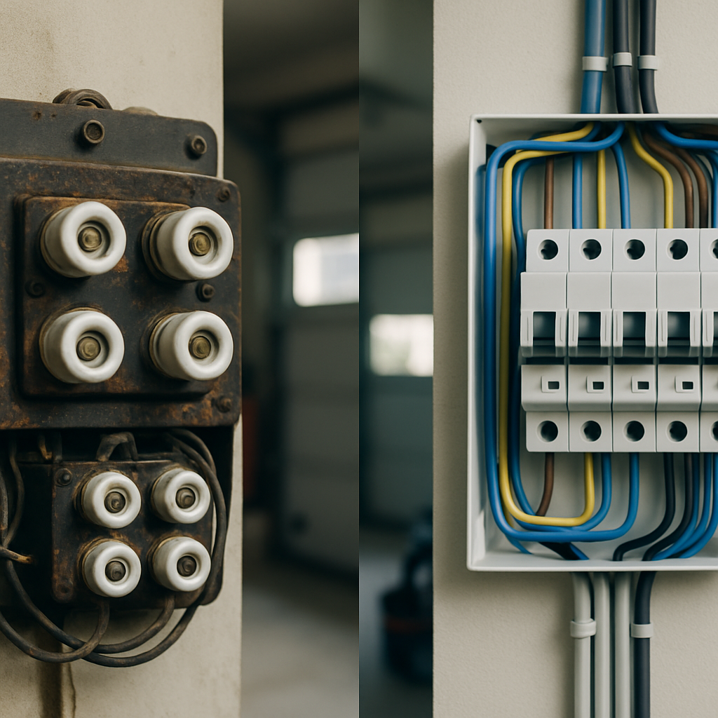 Switchboard Upgrade Brisbane Solar Battery - A split-screen image. On the left side, an old, worn-out switchboard with ceramic fuses, messy wiring, and signs of rust. On the right side, a modern, clean switchboard with circuit breakers and neatly organized wiring. The contrast between the two highlights the difference between an outdated and a modern system. The background is a blurred residential garage.