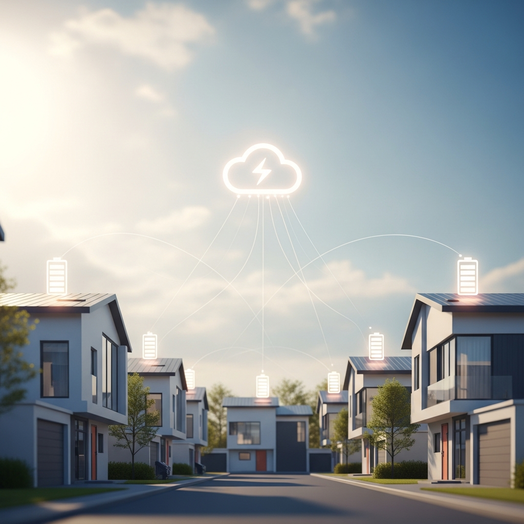 Best Solar Feed-In Tariff Qld - A stylized, bright and airy shot depicting a neighborhood of modern homes, each with a small glowing icon of a battery on its roof. Faint, stylized lines connect the houses to a central cloud icon in the sky, representing the virtual power plant network. The image should feel positive and futuristic.