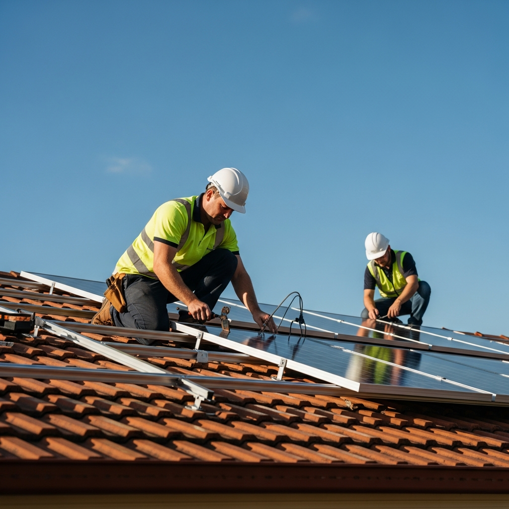 Solar And Battery Installation Brisbane Time - Two solar panel installers are working on a residential roof on a sunny day in Brisbane. One is securing a panel, while the other is checking connections. They are wearing safety gear, and the focus is on their teamwork and professionalism. The roof should have a typical Brisbane residential style. The background is a clear blue sky.