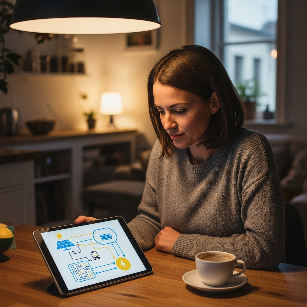 Solar And Battery Installation Brisbane Time - A woman sitting at her kitchen table, looking slightly frustrated but still hopeful, as she looks at a stylized, illegible diagram of power flow between solar panels, a battery, and the grid on her tablet. A cup of coffee is nearby. The scene conveys a sense of waiting and anticipation, but without being overly negative.