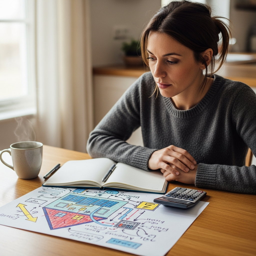 Off-Grid Battery Systems - A woman sitting at a table with a notebook, calculator, and a cup of coffee. She is looking thoughtfully at a hand-drawn diagram of a house with solar panels on the roof and a battery bank inside, representing the calculation of energy needs. The scene is bright and approachable.