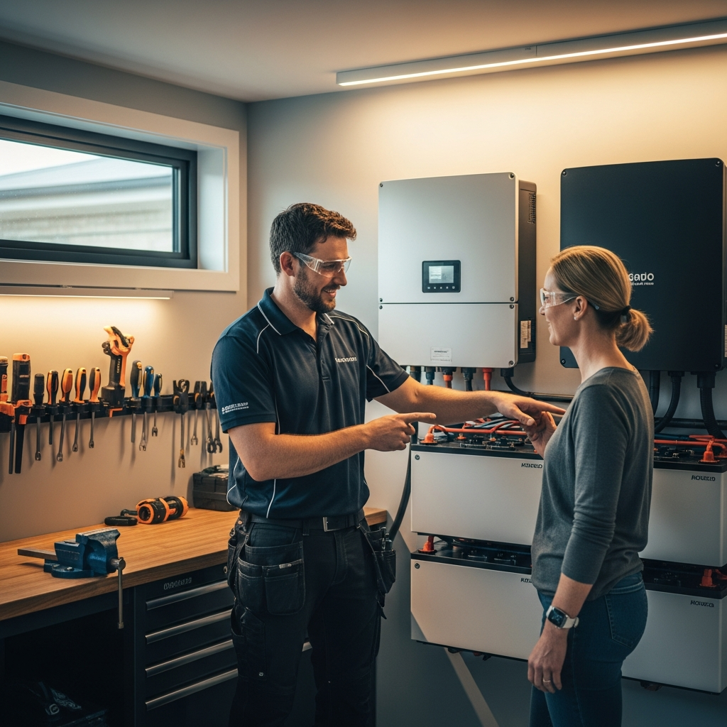 Off-Grid Battery Systems - An accredited and friendly installer stands in front of a well-organized off-grid battery and inverter system, pointing to key components while explaining them to a homeowner. Both are wearing appropriate safety gear, and the scene inspires confidence and trust. The system should appear modern and well-maintained.