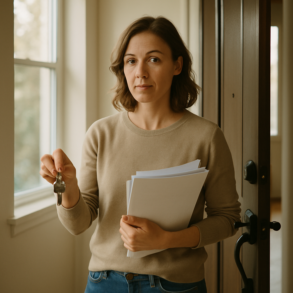 Solar Finance Options Sydney - A homeowner is standing near their front door, holding keys in one hand and a set of documents in the other. They are looking toward the camera with a thoughtful expression. The scenario conveys a sense of responsibility and home ownership.