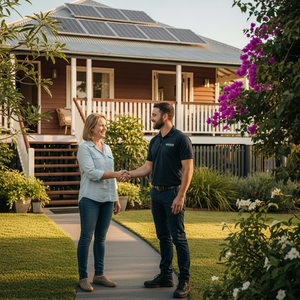 Solar Panel Warranty Brisbane - An image of a Brisbane homeowner shaking hands with their solar installer. The installer is wearing a clean uniform and the homeowner is friendly and smiling. The solar panels are installed on the roof of their home in the background. The feeling is one of trust and partnership.