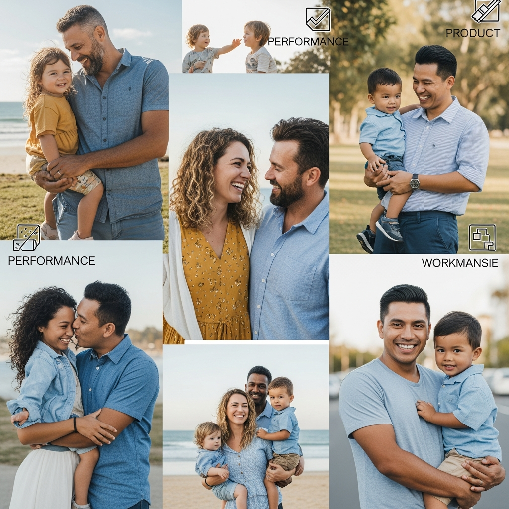 Solar Panel Warranty Brisbane - A collage of diverse Brisbane families, with happy expressions, and simple graphic icons representing product, performance and workmanship warranties overlaid. The colours are bright and the feeling is positive.