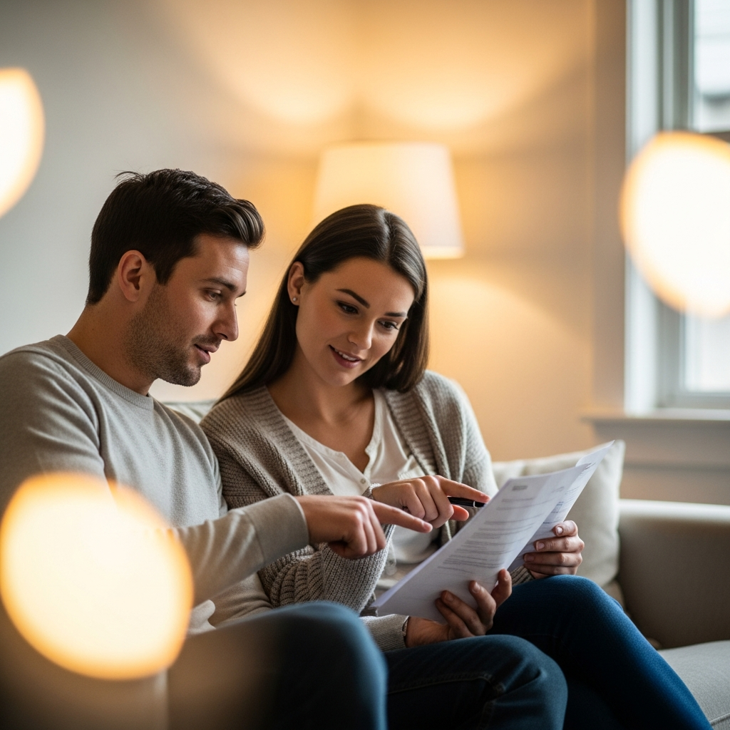 Solar Panel Installation Quote Brisbane - A warm and inviting living room scene with a couple sitting on a comfortable couch. They are both focused on reading a document together, pointing at different sections and discussing it. The atmosphere is collaborative and they appear to be carefully considering the information.