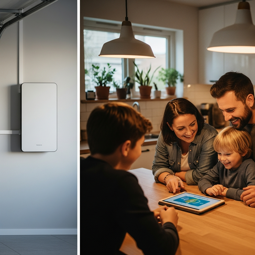 Cost Of 10Kwh Home Battery Melbourne - A split-screen image: On one side, a sleek, modern home battery unit mounted on a garage wall. On the other side, a family (mother, father, and child) is happily gathered around a kitchen island, illuminated by soft, warm lighting, perhaps looking at a tablet.