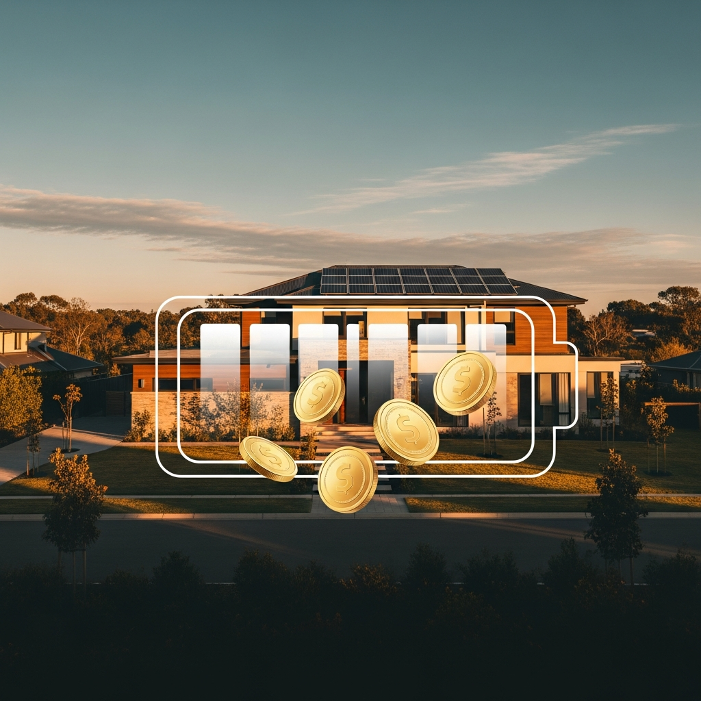 Cost Of 10Kwh Home Battery Melbourne - A visual metaphor for energy independence: a home shown bathed in the warm glow of solar energy at sunset, with a faint outline of a battery superimposed, as though the home is self-powered. Coins are depicted floating into the outline of the battery to indicate a cheaper battery program.