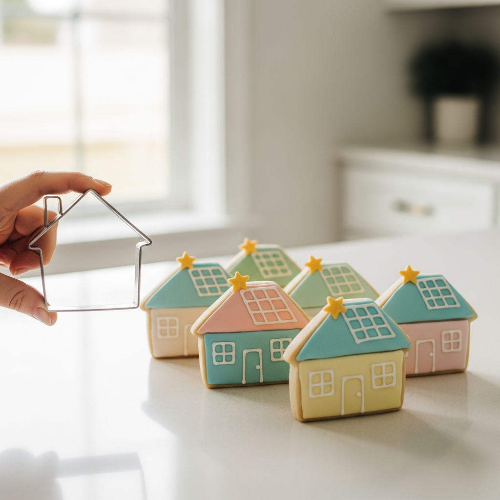 Solar System Financing Sydney - A hand holding a house-shaped cookie cutter. Beside it are various sugar cookie houses in pastel colors with solar panels drawn in icing on the roofs, each with a small golden star placed on them. The background is a clean, brightly lit kitchen counter.