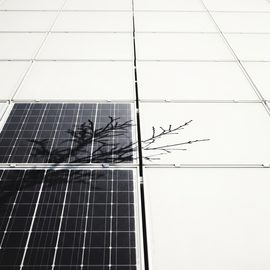 Microinverters For Solar Panels - A visual metaphor illustrating the impact of shade. A line of stylized solar panels is depicted, with one panel noticeably darker due to a stylized shadow cast by a tree branch. The other panels are brightly lit, but their glow is subtly dimmed overall, indicating the reduced output in a string inverter system. The overall tone is bright and slightly diagrammatic, without being overly technical.