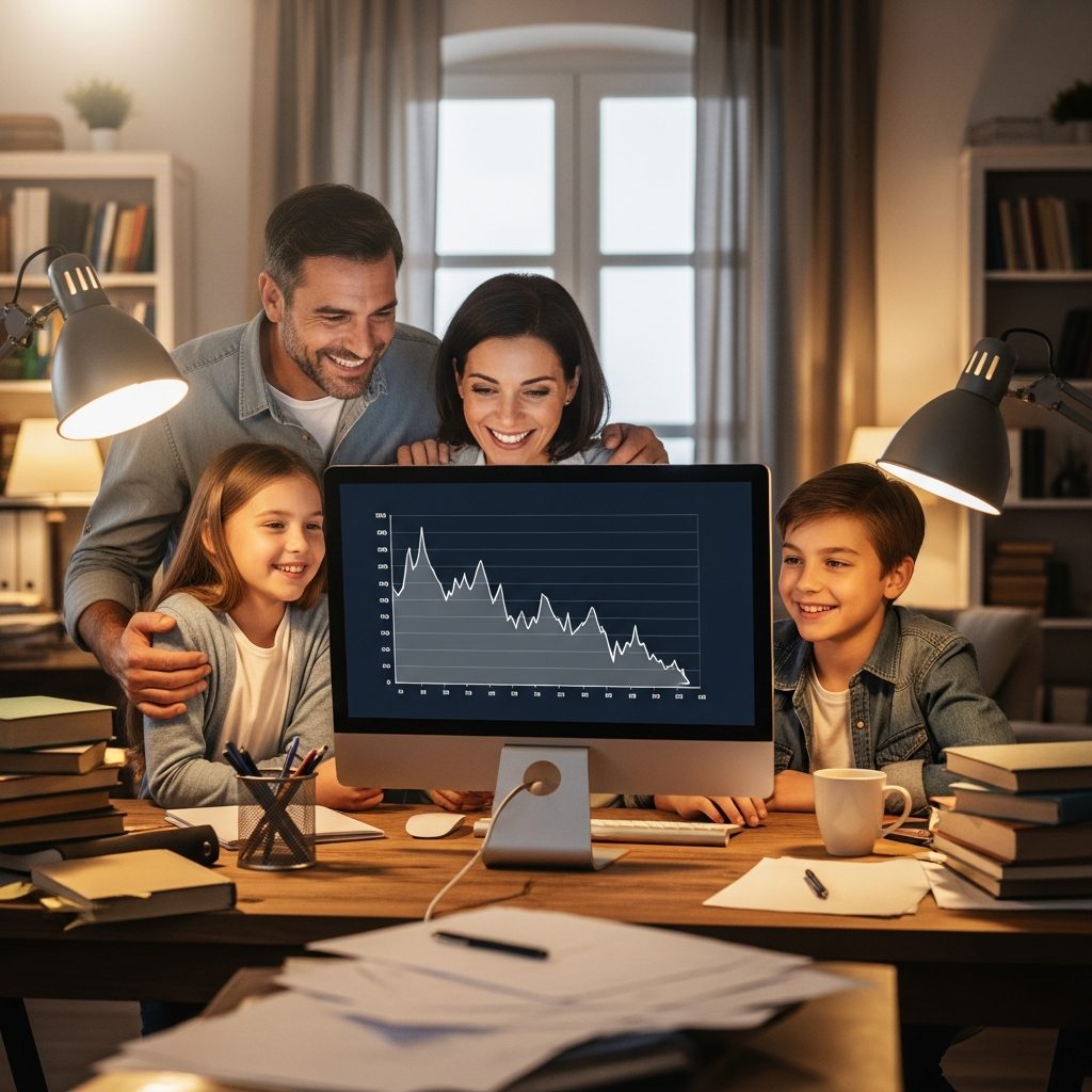 Best Fronius Inverter Installers On Brisbane'S Northside - A happy family (parents and two children) are gathered around a computer in their home office. The screen displays a chart showing a clear downward trend in their electricity usage, visually representing savings. The atmosphere is positive and relieved.