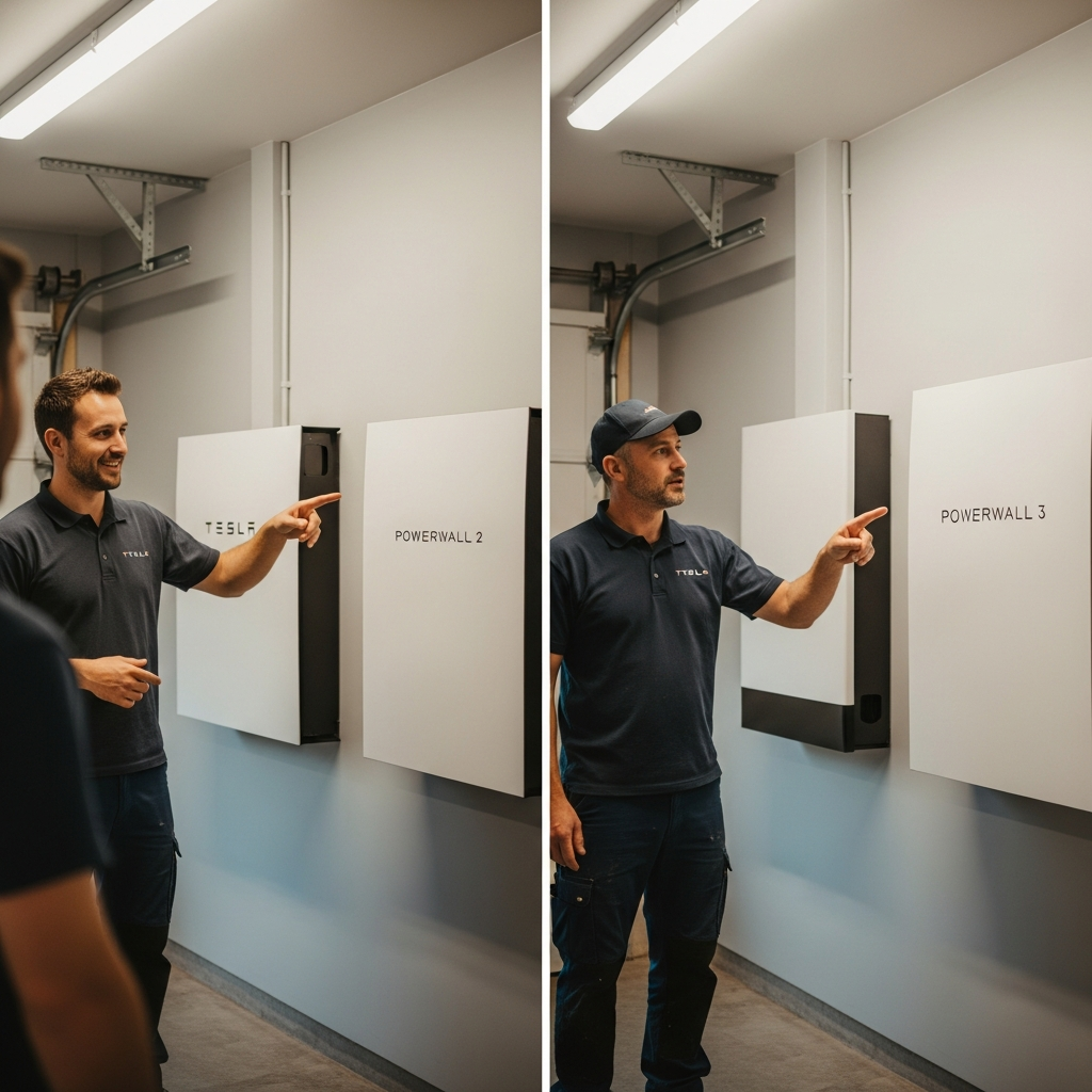 Tesla Powerwall Installer Adelaide - A split-screen image, divided vertically. On one side, a friendly installer is pointing to a Tesla Powerwall 2 installed on a garage wall. On the other side, another installer is pointing to a Tesla Powerwall 3 installed in a similar setting. Both are well-lit and professionally installed.