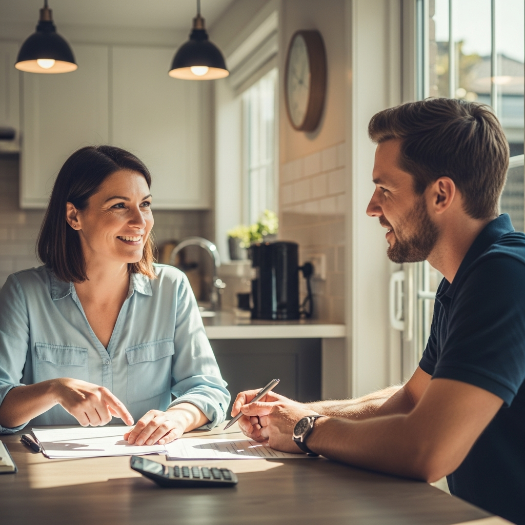 Tesla Powerwall Installer Adelaide - A homeowner is sitting at their kitchen table, reviewing documents with a solar installer. Both are smiling and collaborative. Sunlight is streaming through the window, highlighting the clean, modern kitchen. A calculator is visible on the table, subtly suggesting cost considerations.