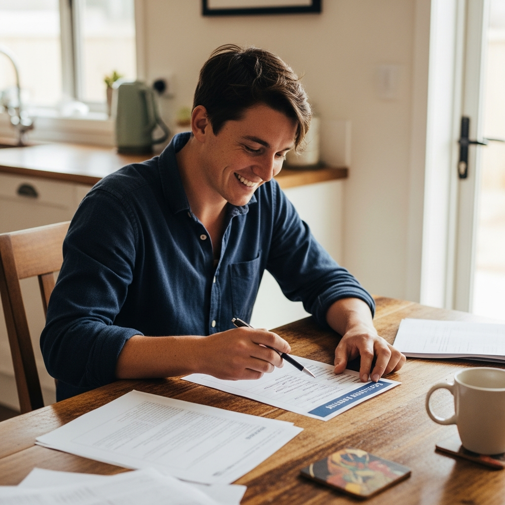 Solar Battery Rebate Installation Cost - A homeowner is sitting at their kitchen table, reviewing documents related to their solar battery installation. They are smiling and pointing to a specific line item on the document, presumably related to the rebate. A mug of coffee is beside them, creating a relaxed and positive atmosphere.