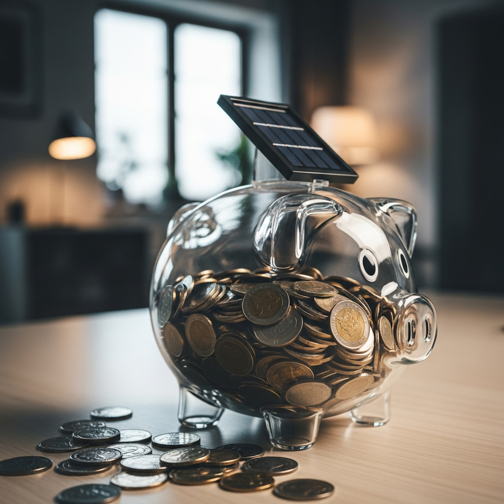 Solar Battery Rebate Installation Cost - Visual Metaphor: A stylized piggy bank with a solar panel attached to the top, generating energy that is visibly 'filling' the piggy bank with coins. This represents the payback period being accelerated by the rebates. The piggy bank is made of clear glass, allowing the coins to be seen inside.