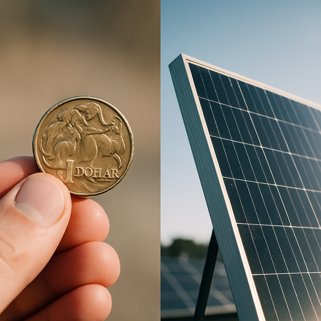 Solar Installation Quotes Sydney - A split-screen image. On one side, show a close-up of a hand holding a single Australian dollar coin. On the other side, show a modern, high-quality solar panel gleaming in the sunlight against a blue sky. The contrast highlights the importance of quality over just price.