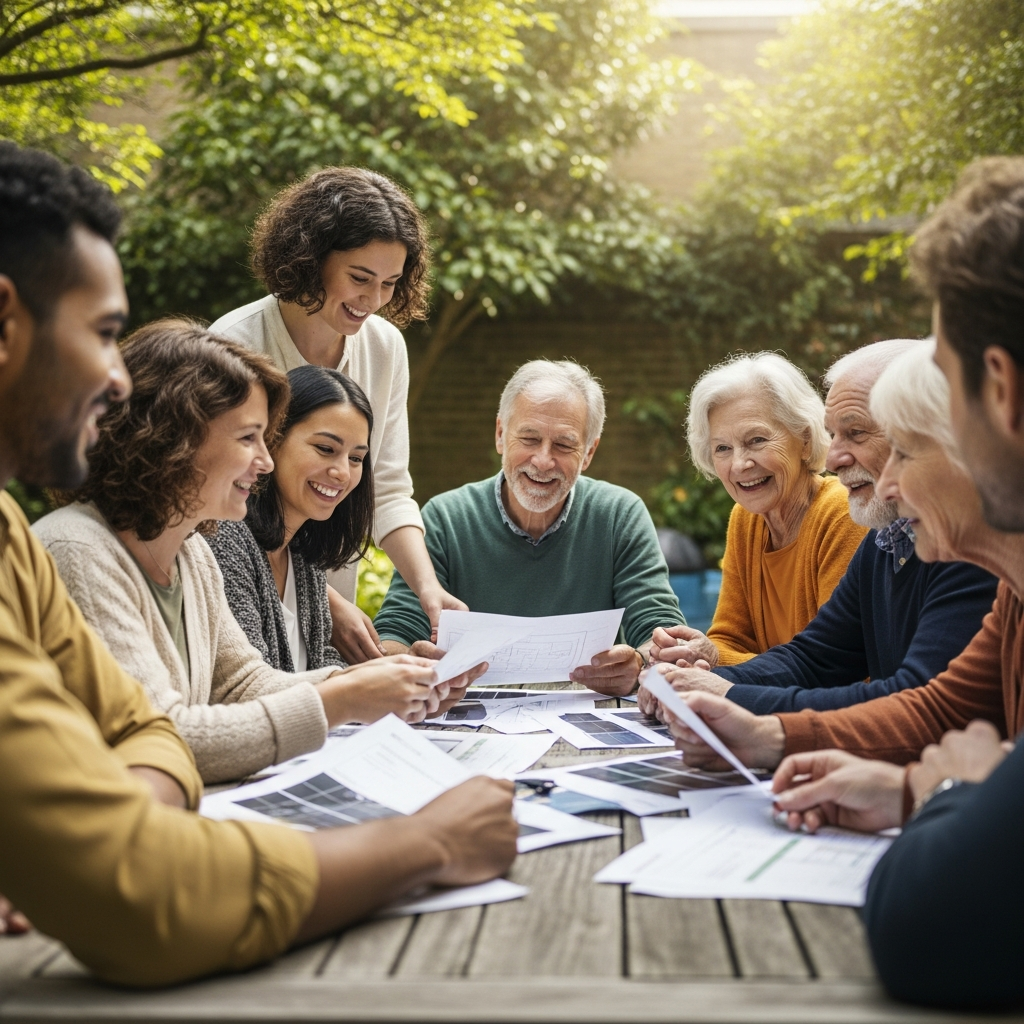 Solar For Apartments Sydney Strata Approval - A friendly group of diverse apartment residents (mix of ages and ethnicities) are gathered around a table in a common room or shared garden space. They are looking at documents or a presentation related to solar panel installation, and generally appear engaged and positive about the discussion. Soft, natural lighting.