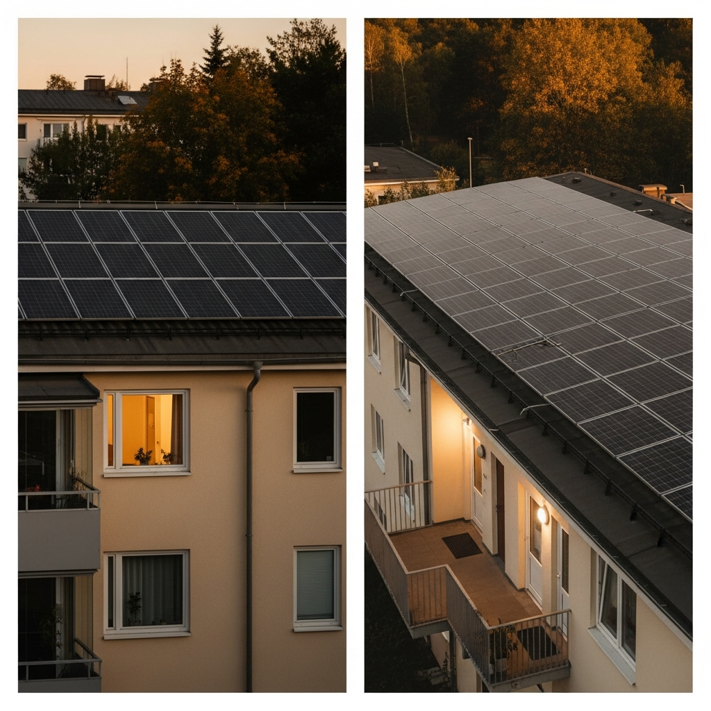 Solar For Apartments Sydney Strata Approval - A split image showing two different scenarios. On one side, a smaller solar panel array is installed on a section of a roof, powering only one apartment's lights visible through the window. On the other side, a larger solar panel array covers a bigger section of the roof, and the building's common area lights (hallway/entryway) are brightly lit. The image clearly contrasts individual vs. shared solar setups.