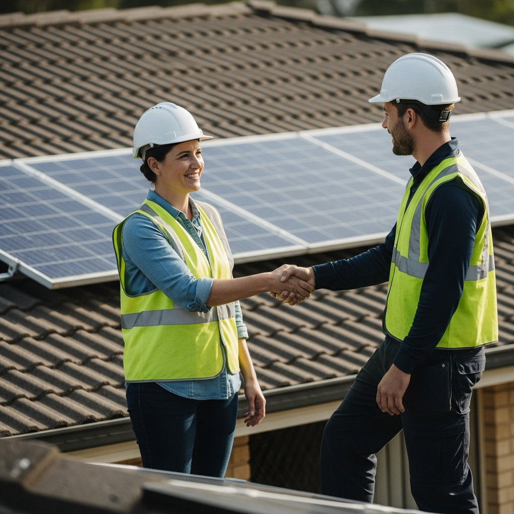 Solar Power Packages Qld - A homeowner shakes hands with a solar installer on their roof. Both are smiling and wearing appropriate safety gear. In the background, a partially installed solar panel array can be seen, conveying professionalism and expertise.