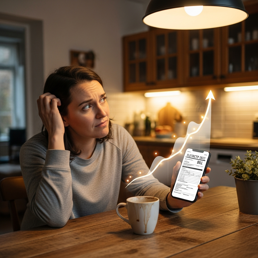 Solar Power Packages Qld - A person is looking at a smartphone displaying an electricity bill. Overlayed on the bill is a stylized upward-trending graph representing solar energy production, but the person looks slightly confused, scratching their head. The overall feeling is that understanding energy plans can be complex.