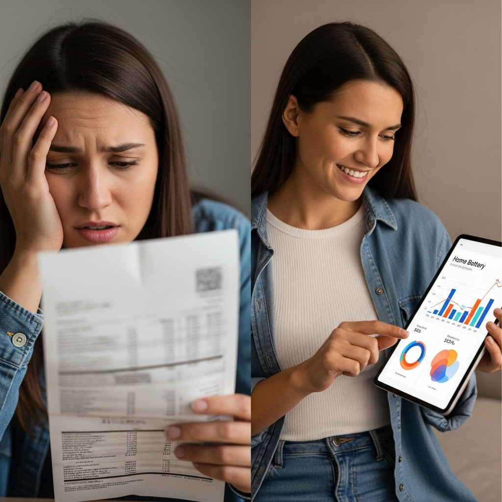 Enphase Iq Battery 5P - A split image. On one side, a person is looking at a confusing electricity bill with lots of numbers. On the other side, the same person is smiling and confidently reviewing a simple, clear graph on a tablet screen representing their home battery's performance and savings. The contrast should be stark, highlighting the ease of understanding after battery installation.