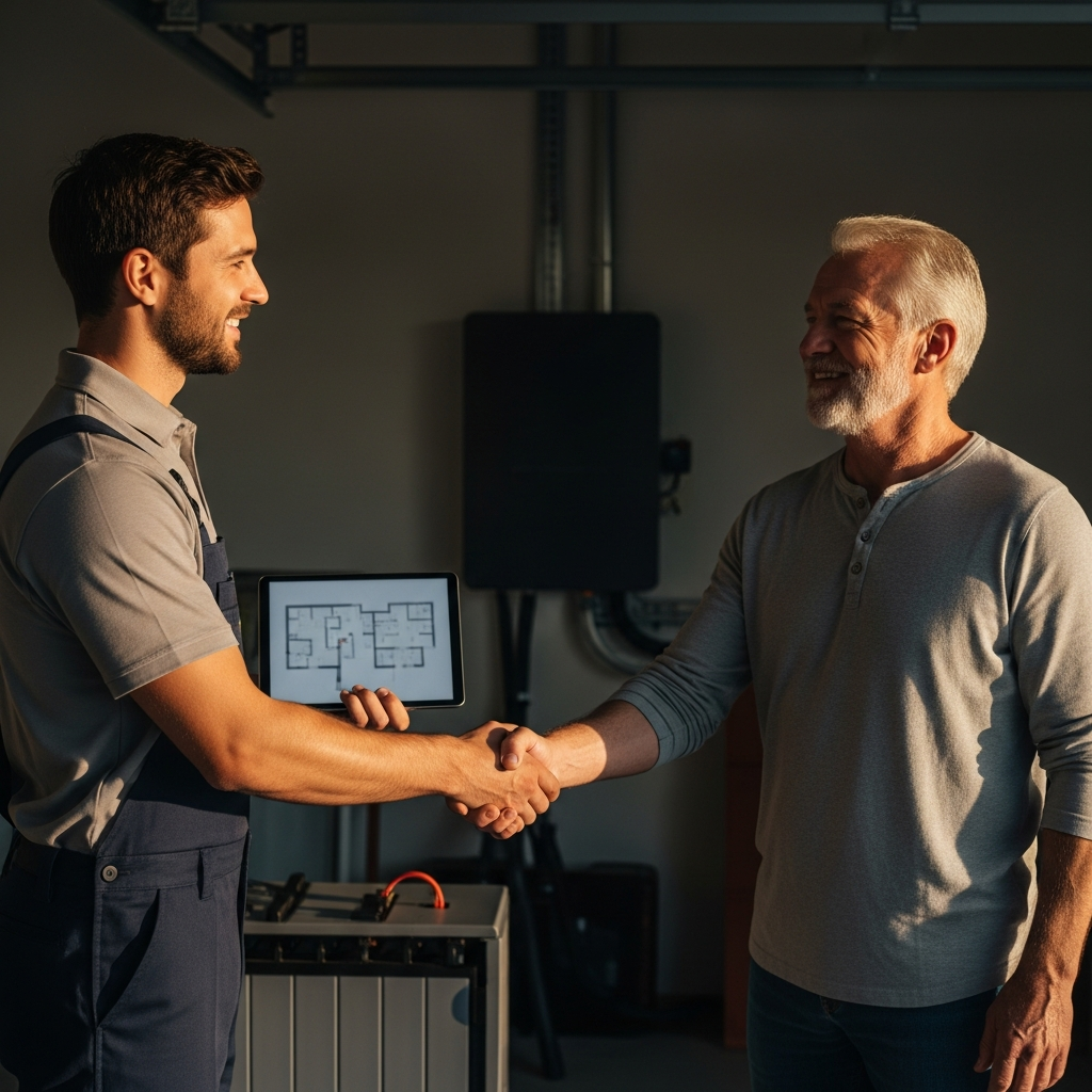 Enphase Iq Battery 5P - A friendly and knowledgeable solar installer is shaking hands with a homeowner in their garage, next to a newly installed home battery system. The installer is wearing a clean uniform and holding a tablet. The homeowner looks happy and confident. The focus is on trust and a professional relationship.