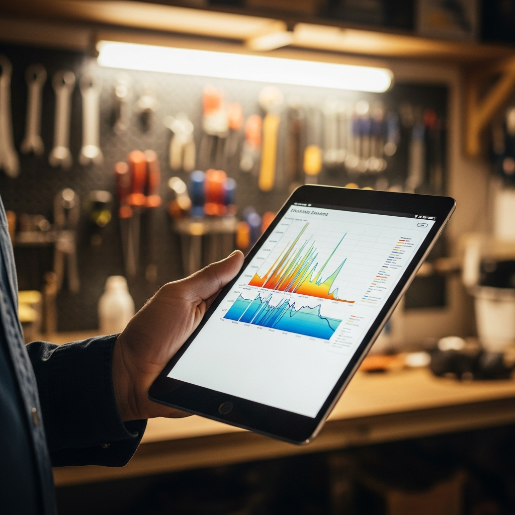 Solar Batteries Cost - Close-up shot of a hand holding a tablet, displaying a stylized, easy-to-read data sheet (no specific branding or real model numbers) showing a graph with temperature ranges clearly indicated. The background is a slightly blurred workshop or garage setting.