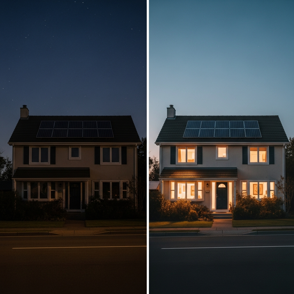 Solar Batteries Cost - A split image. On the left, a house with dark windows at night, representing reliance on the grid. On the right, the same house, brightly lit with warm, inviting light spilling from the windows, powered by solar and battery. The sky on the left is dark blue; the sky on the right is a warmer twilight blue.