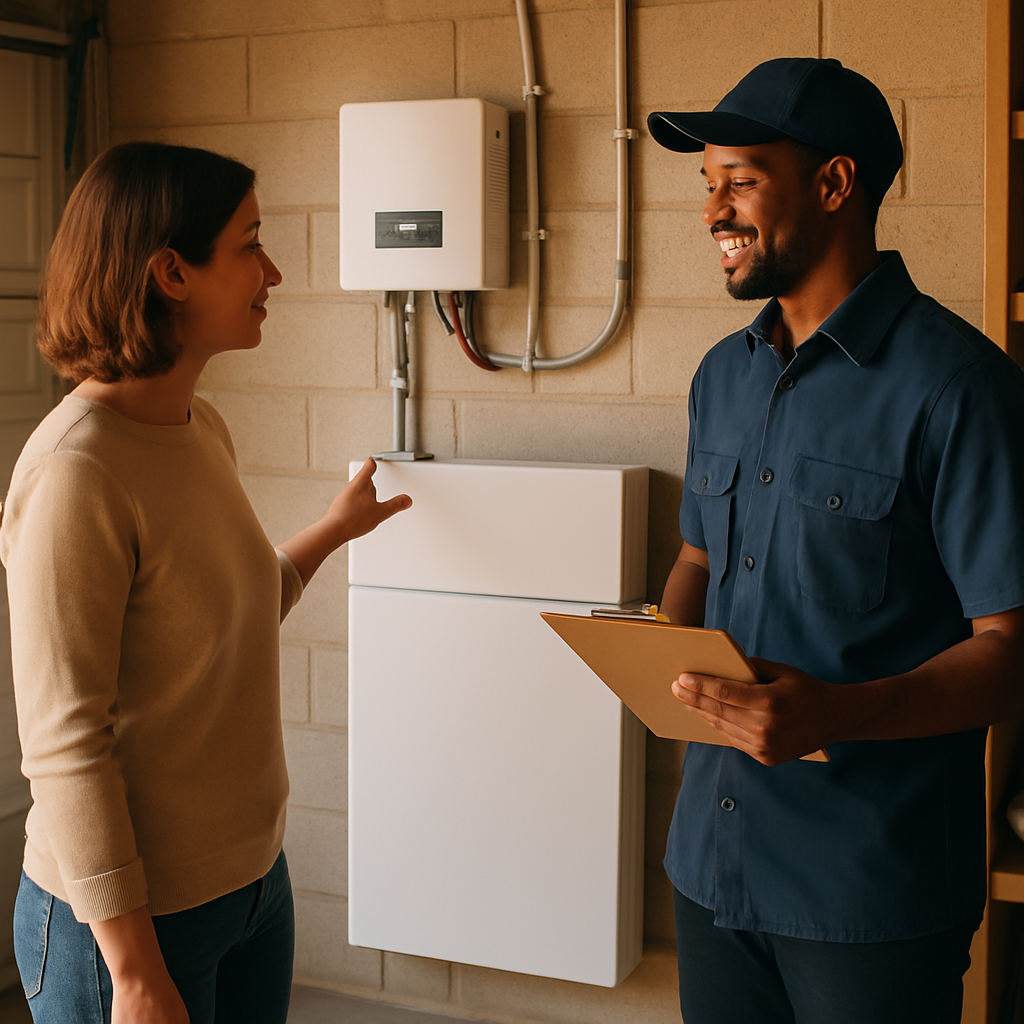 Solar Battery Power Outage - A person stands in front of a home solar battery installation (generic, no brand). They are pointing to the battery system while discussing it with a friendly and approachable technician, who holds a clipboard. The image conveys expertise and reassurance.