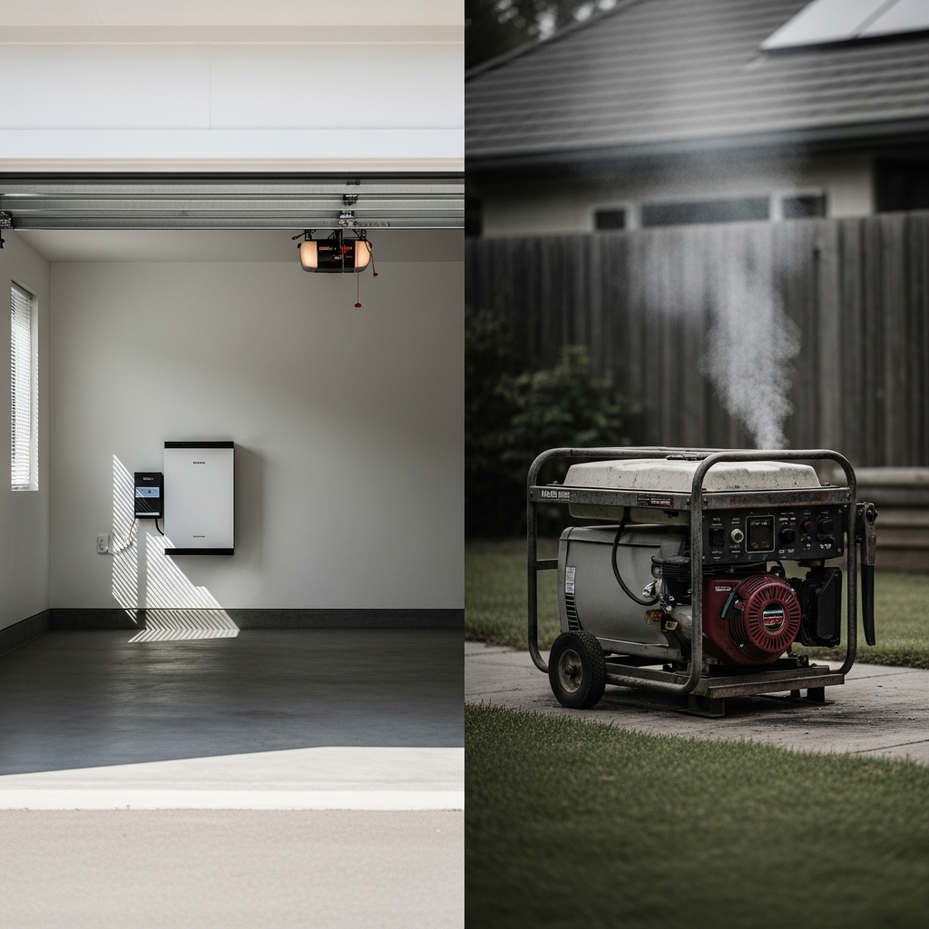 Whole Home Backup Power - A split image. On one side, a sleek, modern home battery is subtly visible in a clean garage. Sunlight streams in, implying solar power. On the other side, a traditional gasoline generator sits outdoors, with a slight haze of exhaust rising from it. The overall impression is a visual comparison of clean vs. less clean energy.