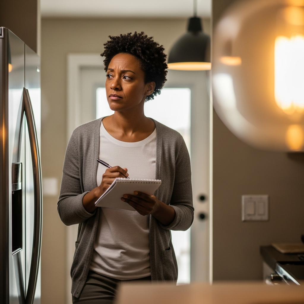 Whole Home Backup Power - A person is walking through their home with a notepad and pen, thoughtfully looking at various appliances (refrigerator, lights, etc.). The scene is warm and well-lit, and the person appears to be carefully considering their energy needs. The focus is on the act of assessment and planning.