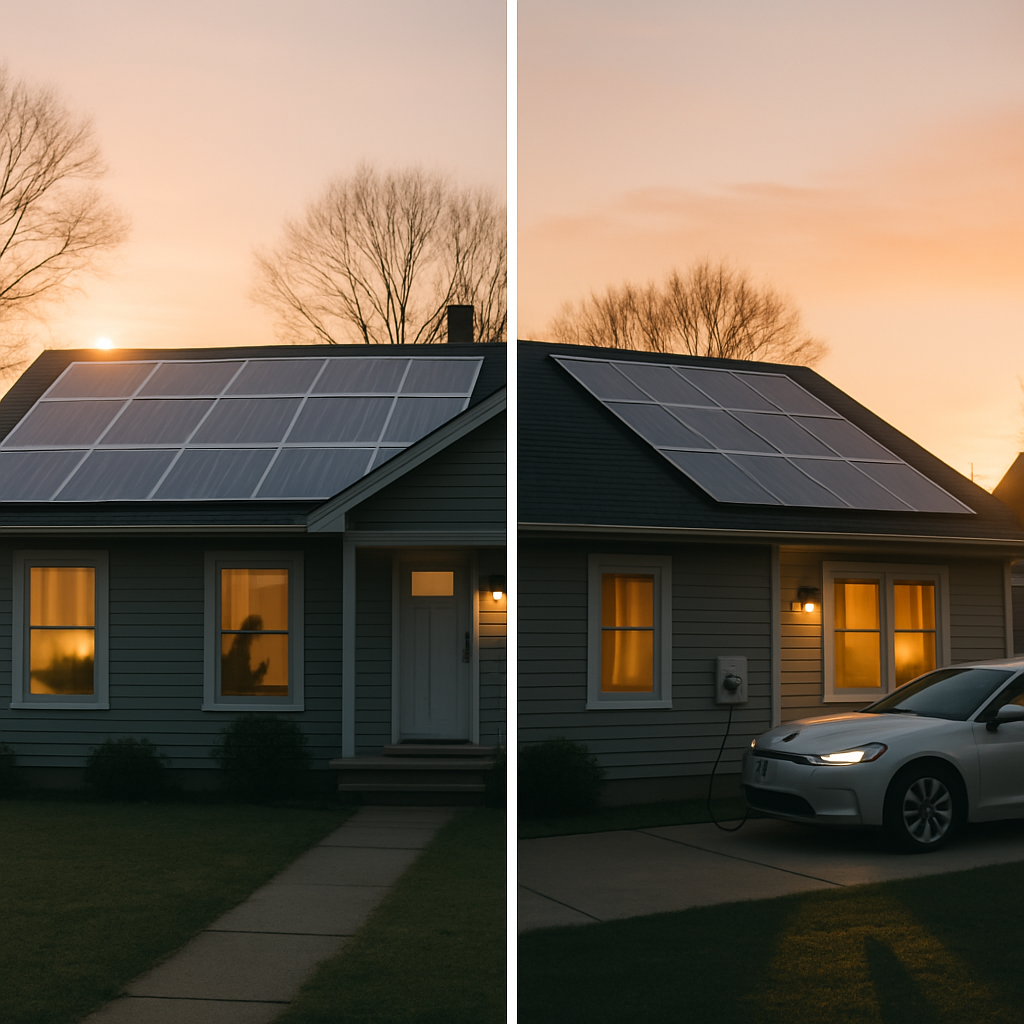 Sizing Your Solar System For An Electric Vehicle In Sydney - A split-screen image. On the left, the sun is rising over a suburban home with solar panels, with a subtle depiction of morning activity inside (lights on, silhouette of someone making coffee). On the right, the sun is setting over the same house, with a car charging in the driveway.