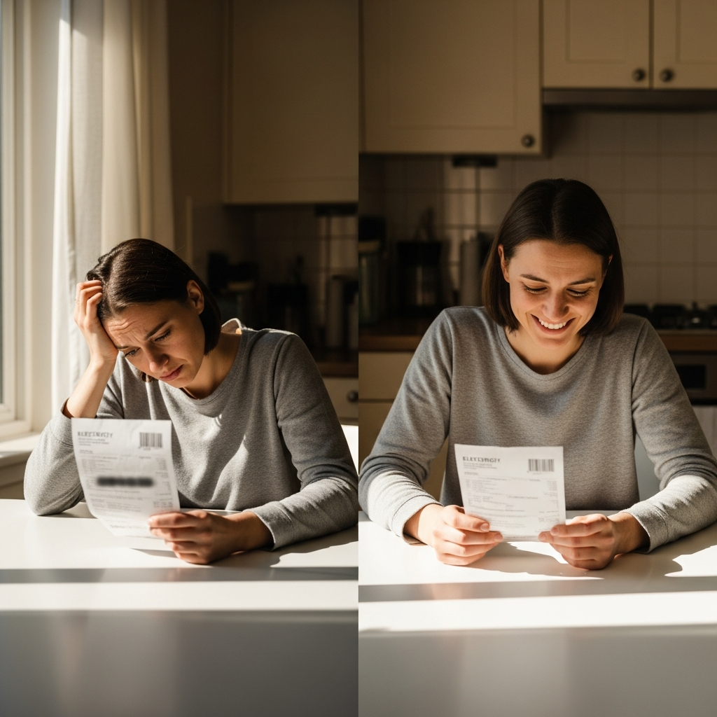 Energex Dynamic Export - A split-screen image. On one side, a slightly frustrated person is looking at an electricity bill that appears higher than expected. On the other side, the same person is smiling as they look at a similar bill with a significantly lower amount, implying savings due to dynamic export and feed-in tariffs. The bills themselves should have illegible details.