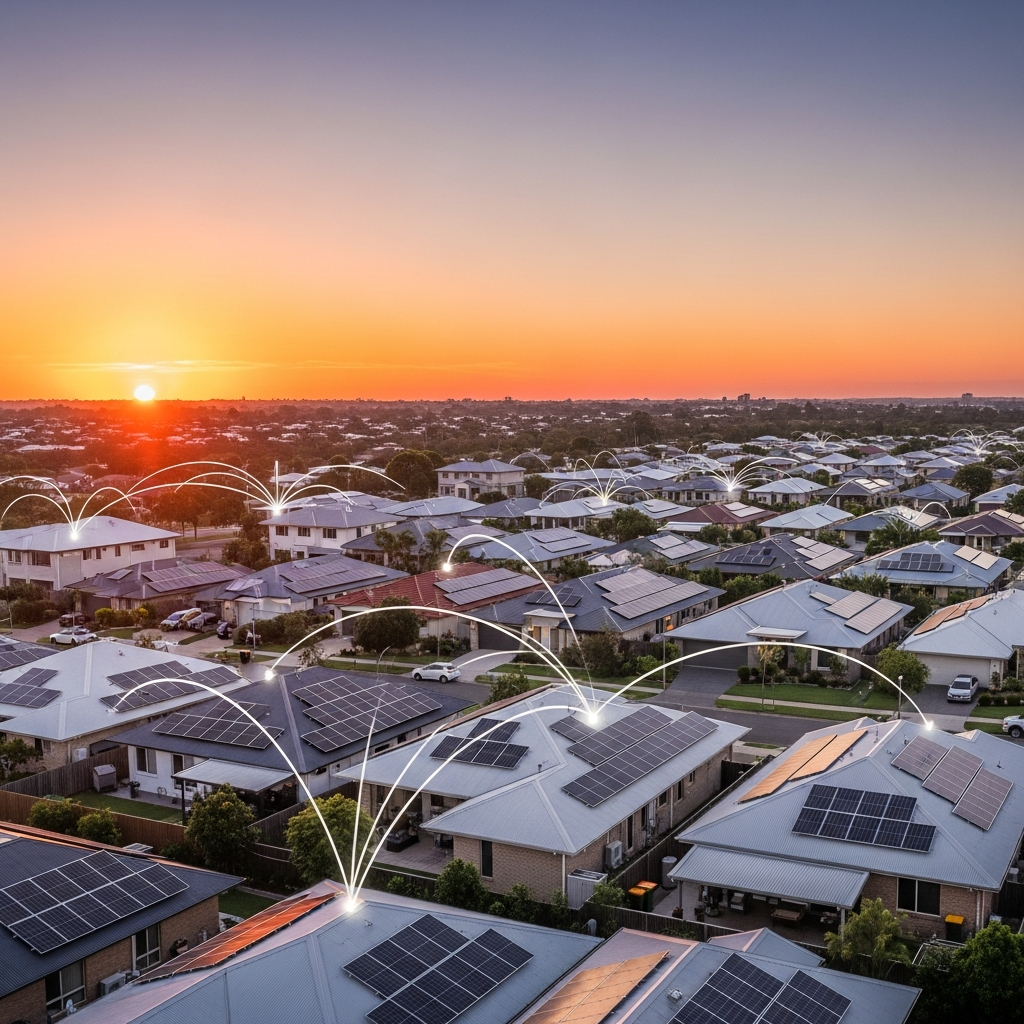 Energex Dynamic Export - A view of a Brisbane suburb at sunset, showing many homes with solar panels on their roofs. The sky is a mix of orange and purple, and there's a subtle, stylized representation of energy flowing back and forth between the homes and the electricity grid (no specific power lines visible, just a general sense of interconnectedness). The overall feeling is positive and forward-looking.