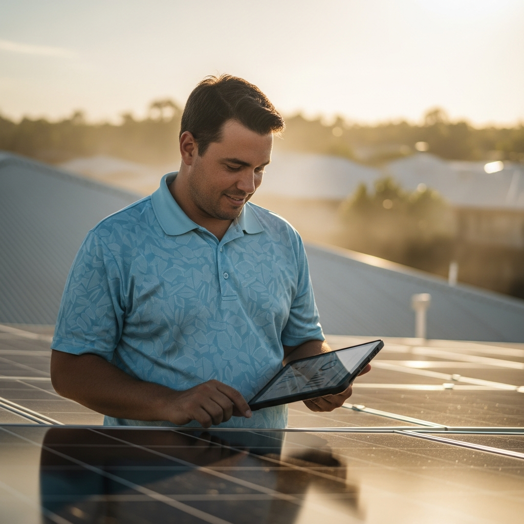 Solar Battery Installers Darwin - A friendly, professional solar installer in a branded polo shirt (no legible logos) is on a roof, carefully inspecting solar panels. He's using a tablet (screen blurred) to record data. Focus on trustworthiness and attention to detail. Darwin heat shimmer should be apparent.