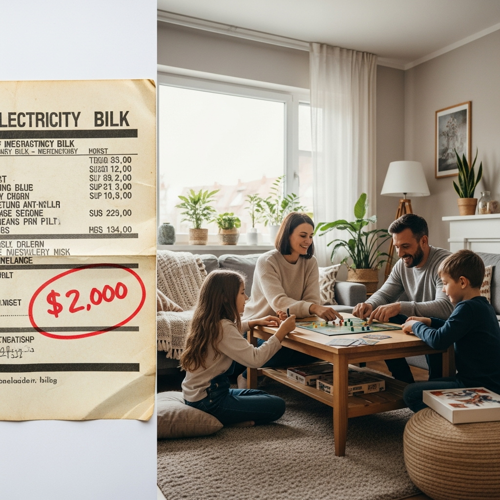 Solar Battery Installers Darwin - A split-screen image. On one side, a faded, traditional electricity bill with a large dollar amount circled in red. On the other side, a happy family inside their brightly lit home, playing a board game together. The implication is that solar battery investment leads to more family time and freedom.